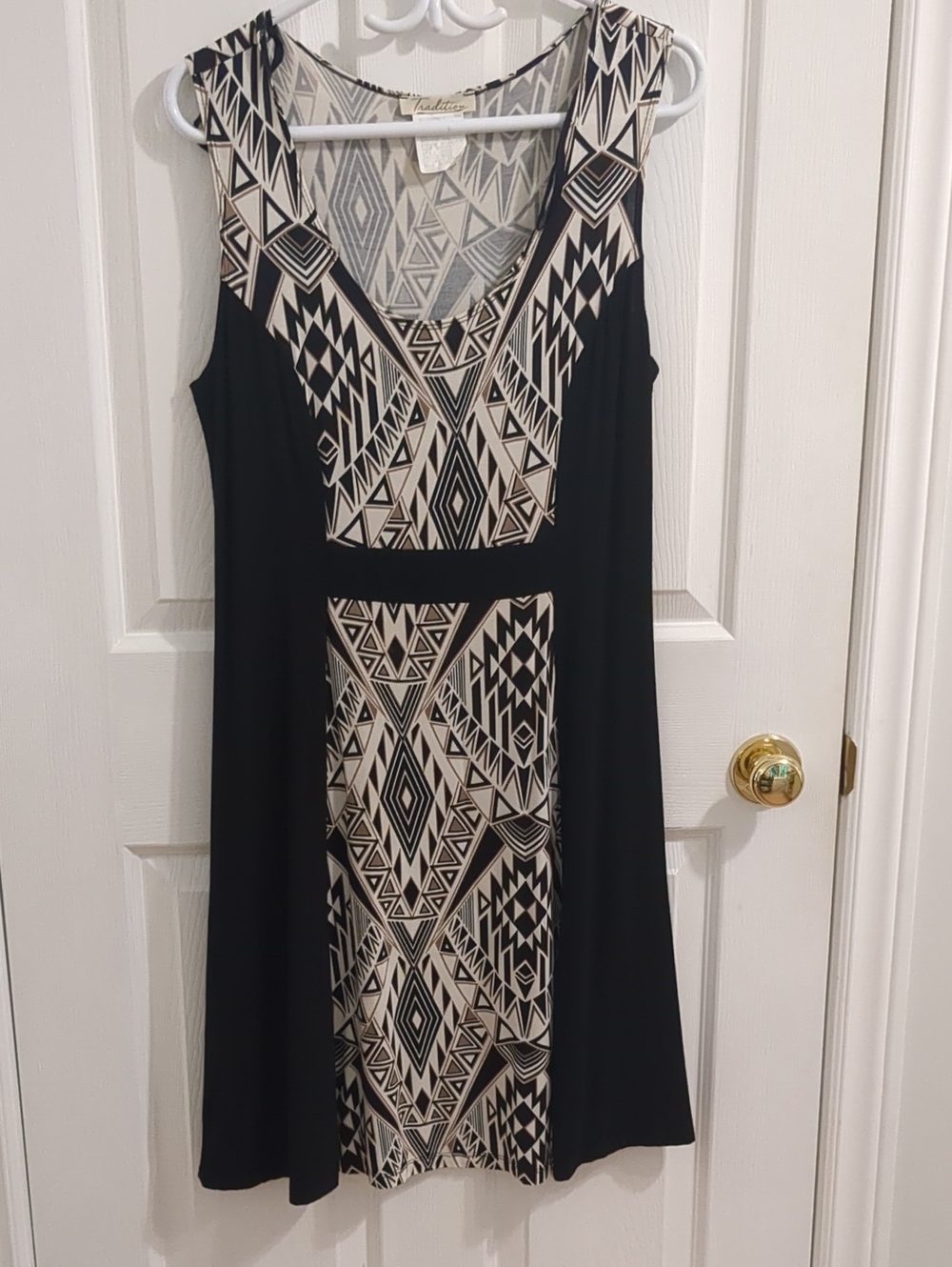 Aztec-Print Sleeveless Midi Dress in Black & Cream